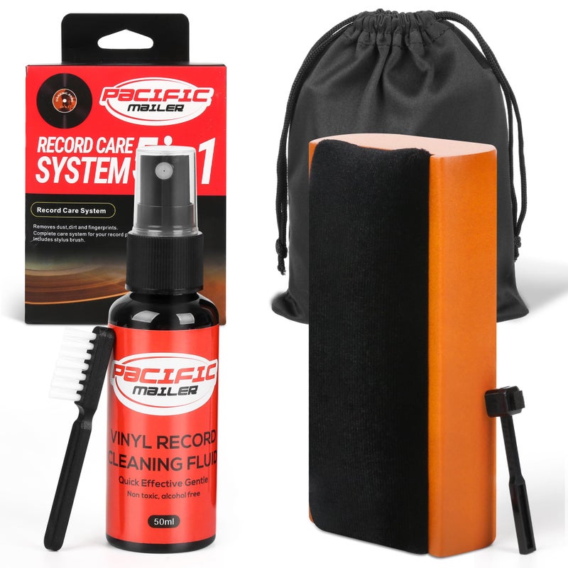 Pacific Mailer 5 in 1 Vinyl Record Cleaning Solution Kit, Includes Soft Velvet Record Brush, Vinyl Cleaning Liquid, Stylus Cleaner & Brush and Carry Pouch - Image 1